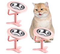 Raised Cat Bowls,Indoor Cats with Height-Adjustable Stand,Non-Slip Stainless Steel Bowls,15° Tilted Cat Food Bowls (3-Pack, Pink)