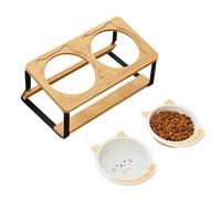 Raised Cat Bowls | Raised Feeding Bowls | Ceramic Double Bowl with Leak-proof Wooden Base for Kittens, Puppies, Home & On the Go