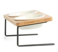 Raised Cat Bowls, Small Dog 15° Tilted Elevated Food Feeding Dishes, Elevated Cat Ceramic Bowls, Protect Spine Wood Stand with Metal Frame and Two Bowls for Food & Water (Ceramic Bowls)