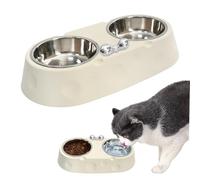 Raised Cat Bowls with Cheese Pattern and Bow Design, 2-in-1 Stainless Steel Cat Food and Water Bowl Set, Non-Slip Double Pet Feeding Station for Cats and Small Dogs - White