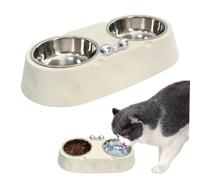 Raised Cat Bowls with Cheese Pattern and Bow Design, 2-in-1 Stainless Steel Cat Food and Water Bowl Set, Non-Slip Double Pet Feeding Station for Cats and Small Dogs - White
