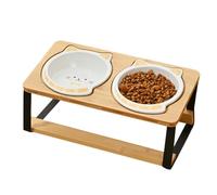 Raised Cat Dish - Elevated Pet Bowl, Double Ceramic Plates | Angled Spill-Proof Feeder with Anti-Skid Wooden Base Puppy, Kitten, Condo Living, Compact Homes, Feeding, Hydration, Travel-Friendly