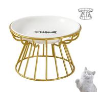 Raised Cat Dish with Metal Stand, Shallow Ceramic Cat Bowl with Non Slip Elevated Stand for Comfortable, Stress Free Feeding And Drinking,Easy Clean Glaze