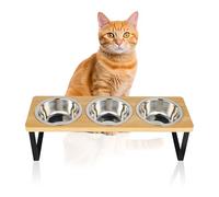 Raised Cat Food Bowl Set, 3PCS Stainless Steel Cat Bowls with 15° Stand Tilted, Upgrade Cat Feeding Station for Food and Water, Anti Vomiting, Premium Bamboo Elevated Cat Bowl for Cats & Small Dogs