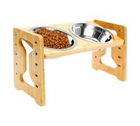 Raised Dog Bowl | Double Raised Dogs Bowl Stand - Double Stainless Steel Slow Feeder with Adjustable Wooden Stand for Food Water Eating Drinking Indoor Puppy