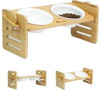 Raised Dog Bowl Height-Adjustable, Upgraded Design Offers Both Tilted and Level,Raised Bamboo Feeding Station with 2 Ceramic Bowls Pet Feeder Elevated Cat Bowls Dog Bowls