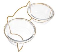 Raised Double Pet Bowl with Stand Slant Design Glass Metal