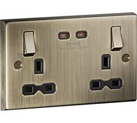 Raised Edge Double Switched Socket, Square, Dual USB-C [65W Fast Charge] - Antique Brass