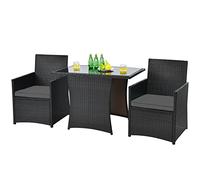 Raised Garden Kits 3 Piece Outdoor Wicker Bistro Set PE Dining Table Set with Cushioned Chairs Patio Conversation Set for Backyard Porch Garden and Poolside