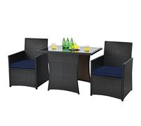 Raised Garden Kits 3 Pieces Outdoor Wicker Bistro Set PE Dining Table Set with Cushioned Chairs Patio Conversation Set for Backyard Porch Garden and Poolside