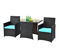 Raised Garden Kits 3PCS Outdoor Wicker Bistro Set PE Dining Table Set with Cushioned Chairs Patio Conversation Set for Backyard Porch Garden and Poolside
