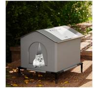 Raised Outdoor Cat Bed, 7 cm, Waterproof Humidity Cabin with Draining Inclined Roof, Insulated House for Stray Cats in the Garden, Ideal Autumn Winter (Grey, L)