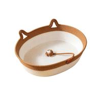 Raised Oval Cat Basket with Attached Rope Ball Toy,Brown Medium 50 35cm | Braided build, pale interior, contrasting trim, curved sides, indoor lounging