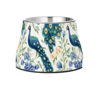 Raised Pets Food Bowls Elevated Stainless Steel Pets Bowl Stand for Slow Feed Dogs Slow Down Eating Cartoon Sweet Peacock White