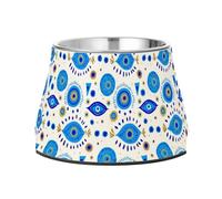 Raised Pets Food Bowls Non Slip Stainless Steel Cats Basic Bowls for Dogs Cats Rabbits Birds Whisker Fatigue Hand-Drawn Blue Turkish Evil Eye