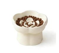 Raised Slow Feeder Cat Bowl, Ceramic Cat Bowls for Anti Vomiting, Raised Cat Bowls for Slow Eating Healthy Diet Feeding, Flower Shaped Elevated Cat Bowl for Dry & Wet Food (White)