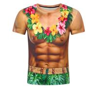 RAISEVERN Fake Muscle Abs Mens T Shirt Funny 3D Printed Cool Tee Shirt Hawaii Hibiscus Graphic T-Shirts Custom Womens Vintage 90S Teen Boys Party Gifts, M