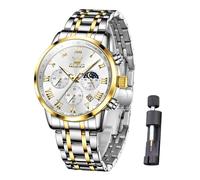 Raitown Men's Stainless Steel Watch, Chronograph, Analog Quartz, Classic Large Dial with Lunar Phase and Date, Elegant Wristwatch for Men (Silver)