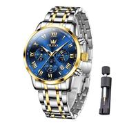 Raitown Men's Stainless Steel Watch, Chronograph, Analog Quartz, Classic Large Dial with Lunar Phase and Date, Elegant Wristwatch for Men (Blue)