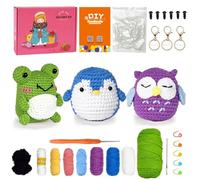 Raixleb Crochet Kit for Beginners 3 Pattern Animals Owl, Penguin, Frog, Knitting Kit for Adult Kids with Step-by-Step Video Tutorials