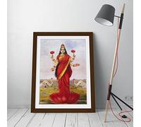 Raja Ravi Varma Goddess Lakshmi - Framed Wall Art Picture Print - A4 - Walnut Frame