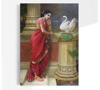 Raja Ravi Varma Princess Damayanthi talking with Royal Swan | Indian Portrait Painting, Vintage Print, Fine Wall Art Poster Artwork Pictures