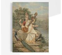 Raja Ravi Varma Sarasvati with her sitar and Peacock | Indian Portrait Painting, Vintage Print, Fine Wall Art Poster Artwork Pictures