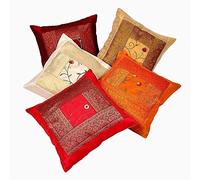 Rajasthali Marubhumi Indian Ethnic Hand Embroidery Decorative Silk Pillow Cushion Cover Set of 5 Pcs Size 16 X 16 Inches