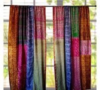 RAJBHOOMI HANDICRAFTS 1 Pair of Indian Vintage Silk Blend Sari Multi Colour Handmade Patchwork Curtains Drapes Home Decor Curtain/Panels