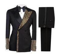 RAJEGAR 2 Piece Men‘s Suits Slim Prom Tuxedos Gold Sequin Spliced Blazers Black Jacket Pants Sets for Party,Wedding,Dinner