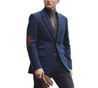 RAJEGAR Men's Tweed Jacket Sports Blazer Herringbone Notched Lapel Wool Blend Vintage British Norfolk Jacket Patch on Elbow Navy