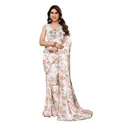 RAJESHWAR FASHION WITH RF White Ready To Wear 1 Minute Saree For Women With Blouse Part Georgette Floral Printed Lace Trim Solid Blouse Pleated Pre Draped Stitched