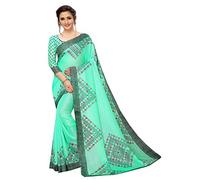 RAJESHWAR FASHION WITH RF Women's Digital Printed Pure Soft Cotton Silk Blend Style Linen Saree with Unstitched Blouse Piece, Light Blue