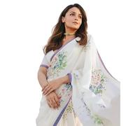 RAJESHWAR FASHION WITH RF Women's Floral Digital Printed Bright Moss Silk Sarees For Fashionable Collage Girls Farewell With Woven Satin Patta Border & Blouse Piece, White, Free Size