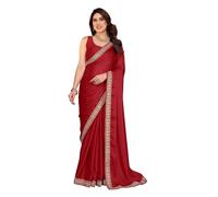 RAJESHWAR FASHION WITH RF Women's Satin Chiffon Sequence Work Embroidery Lace Border Plain Solid Saree, Maroon Red, One size