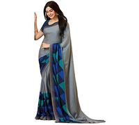 RAJESHWAR FASHION WITH RF Women's Silk Georgette Printed Sarees Jacquard Lace Border Work Saree With Blouse Piece (Multicolored_Free Size 6.30 Mtr), Grey Blue