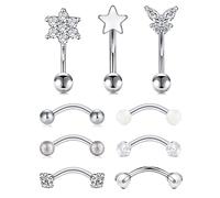 Rajnard 10Pcs Eyebrow Bars Piercing Rook Earrings 16G 8mm Surgical Steel Eyebrow Rings with Diamond Pearl Hert Star Daith Piercing Rook Bars