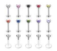 Rajnard 15Pcs 16G 6mm Tragus Helix Earrings Studs Stainless Steel & Flexible Plastic with Coulorful Crystal Piercing Jewellery for Women Men