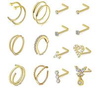 Rajnard 16PCS 316L Surgical Steel Nose Ring Studs 20G 7mm Gold L-Shape Nose Screw Nose Hoop Rings for Women Girls Stainless Steel Nostril Piercing Jewelry