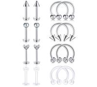 Rajnard 16Pcs Silver Tragus Helix Earrings Lip Labret Stud 16G Surgical Steel Clear CZ Horseshoe Ring Body Jewelry Piercing for Women Men 8mm
