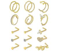 Rajnard 18PCS 316L Surgical Steel Nose Ring Studs 20G Gold L-Shape Nose Screw Nose Hoop Rings for Women Girls Stainless Steel Nostril Piercing Jewelry