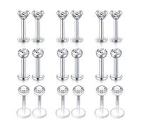 Rajnard 18Pcs Lip Bars 16G 6mm Tragus Helix Earrings Studs Stainless Steel Silver & Flexible Acrylic with CZ Piercing Jewellery for Women Men