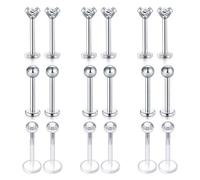 Rajnard 18Pcs Lip Bars Labret Studs Tragus Helix Earrings Studs 16G 10mm Stainless Steel Silver& Flexible Acrylic with CZ Monroe Medusa Piercing Jewellery for Women Men