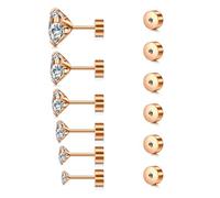 Rajnard 6pcs Surgical Steel Stud Earrings Rose with Replacement Earring Backs Hypoallergenic Flat Back Helix Earrings for Women Girls Cubic Zirconia Diamond Cartilage Tragus Earrings