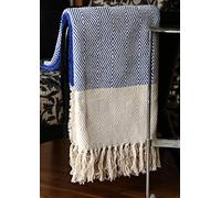 RAJRANG BRINGING RAJASTHAN TO YOU Blue Throw Blanket With Decorative Tassel Cotton Rustic Throws Geometric Knitted Soft and Cozy Boho Blankets - 50 x 60 Inches