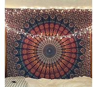 RAJRANG Cotton Peacock Mandala Tapestry Bohemian Wall Hanging Hippie Bedspread Bed Sheet Picnic Beach Cloth Decorative Throw for Living Room Bedroom Golden Blue 213x230 cm
