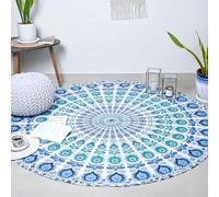 RAJRANG Cotton Peacock Tapestry Round - 182 cm Sky Blue Beach Blanket, Yoga Mat Boho Wall Hanging for Outdoor & Travel Use