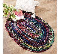 RAJRANG Hand Braided Oval Rag Rug 60x90 cm Multi-Blue Boho Reversible Rustic Farmhouse Cotton Chindi Carpet