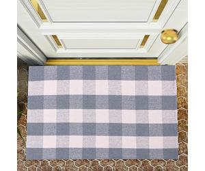 RAJRANG Handwoven Cotton Checkered Rug Grey White Buffalo Plaid Washable Floor Rug for Kitchen Bathroom Entryway Indoor Outdoor 70 x 109 cm