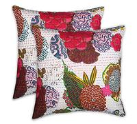 RAJRANG Indian Ethnic Boho Decorative Pillow Cover Set of 2 Handwoven Cotton Kantha Throw Pillow Case with Floral Prints 16x16 Inch